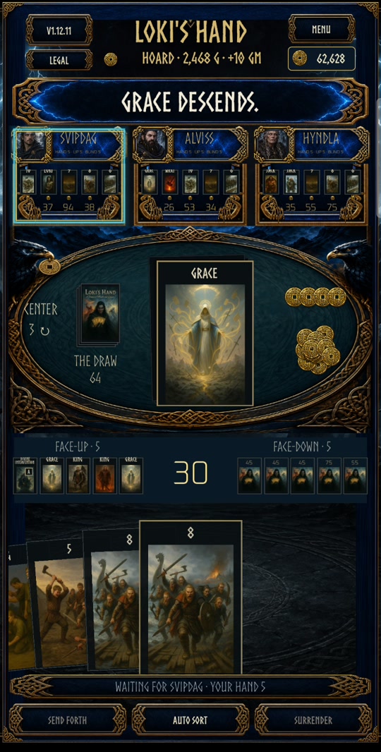 Actual Loki’s Hand gameplay with a central card table and player hand
